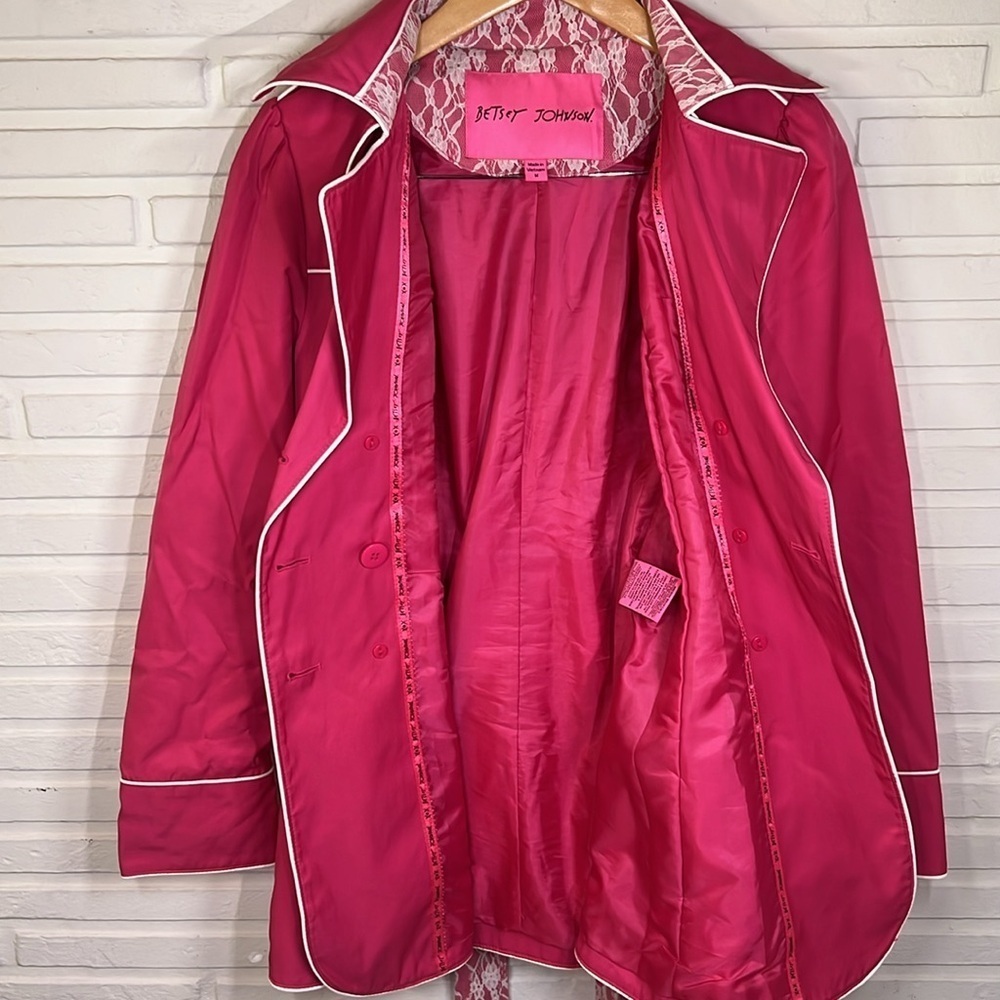 Betsey Johnson Hot Pink Lace Double Breasted Trench Coat, Women’s Size Medium - Picture 10 of 11